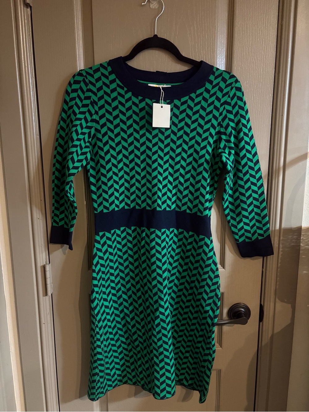Boden Green and Navy Chevron Knit Dress